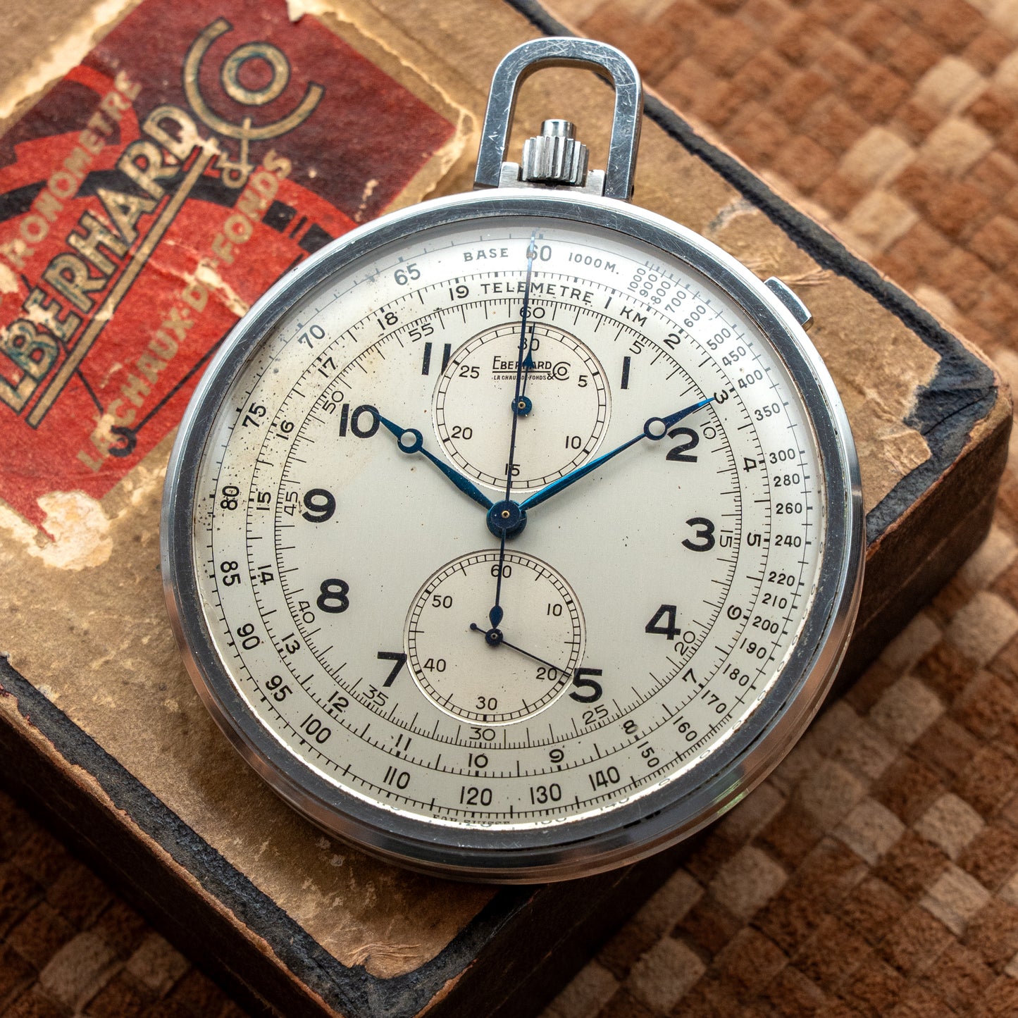 EBERHARD & CO. CHRONOGRAPH POCKET WATCH STAINLESS STEEL 1930's